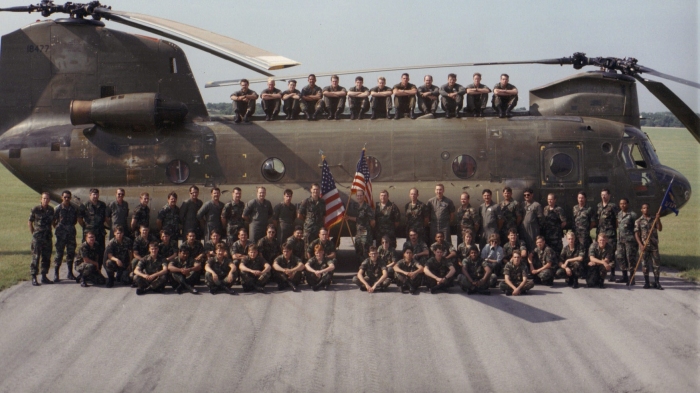 Possibly a change of command ceremony sometime in the spring of 1986 - pictured is 67-18477 along with members of the owning unit. At that time the unit was Detachment 2, 179th Aviation Company located at Fort Sill, Oklahoma. The unit eventually became Detachment 2, Company A, 2nd Battalion, 158th Aviation Regiment. While most of those pictured above are as yet unknown, shown in the second row, last one on the right and kneeling, is SPC Mitch Finley.